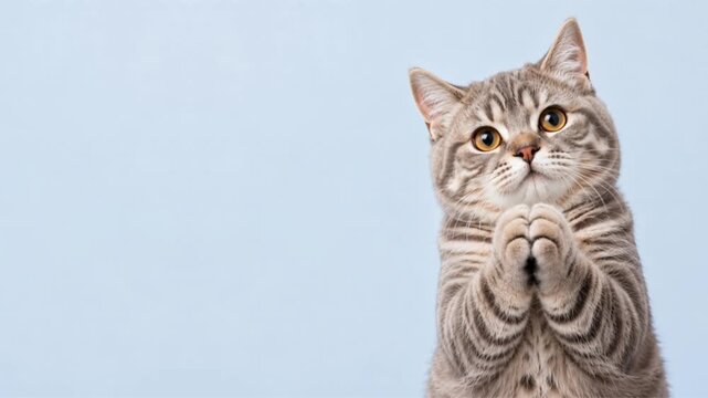 Begging Cat Video with Left Copy Space on Light Blue Background