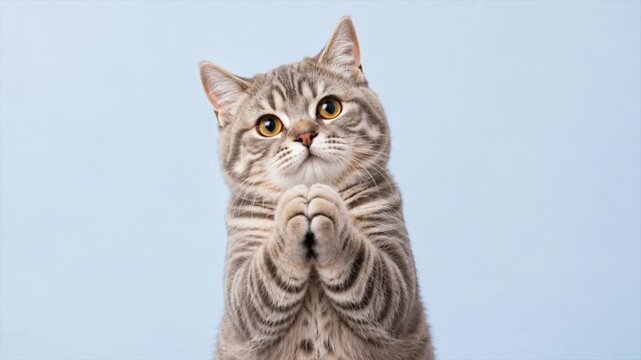 Begging Cat with Paws Together on Light Blue Background Video