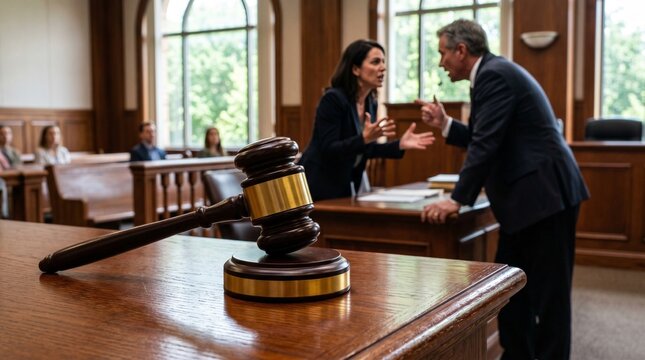Courtroom scene, lawyer and judge, gavel on desk, law and justice, court proceedings