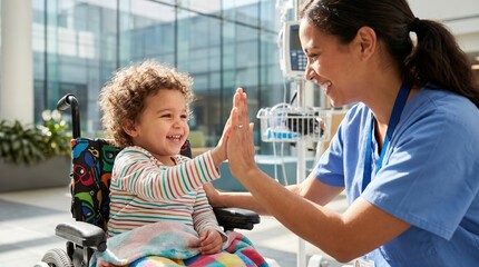 Obraz premium Smiling nurse in scrubs gives a high five to laughing curly‑haired child in a wheelchair, in a bright medical center with equipment and windows