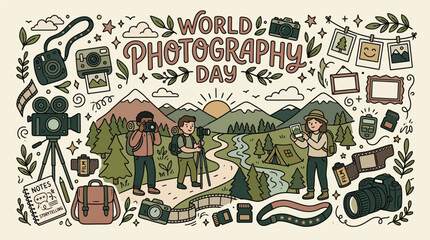 Obraz premium World Photography Day celebration with people capturing nature and landscapes with cameras.