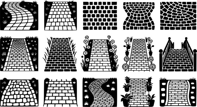 Traditional outdoor landscape architecture vector silhouette icon set featuring winding stone pathways, brick garden walkways, cobblestone pavements, and decorative bridge trails.
