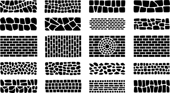 Abstract organic pebble cobblestone texture set featuring minimalist black stone borders and geometric ground brick paving tile mosaic patterns in vector silhouette layout styles.