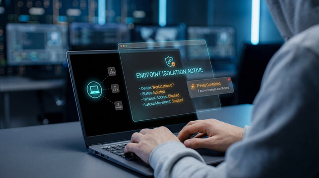 SOC analyst using digital interface for endpoint isolation and threat containment of an infected workstation to stop lateral movement, virtual display showing blocked network access