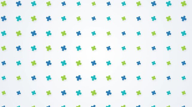 Clean medical background animation featuring a seamless grid pattern of green and blue cross plus symbols spinning together on a bright white backdrop, perfect healthcare loop template