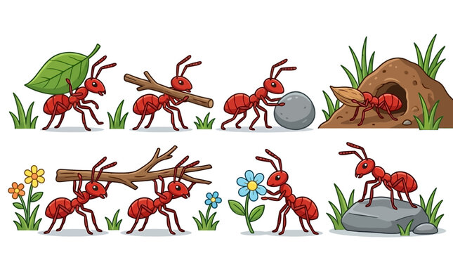 Illustration of ants working together to carry objects over flowers and grass on white background
