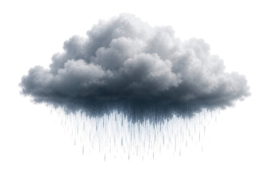 A dark stormy cloud with rain falling down isolated on white background
