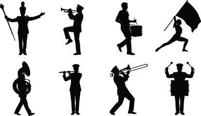 Marching Band Silhouettes Featuring Musicians, Instruments, and Parade PerformersMarching Band Silhouettes Featuring Musicians, Instruments, and Parade Performers © Shohanur
