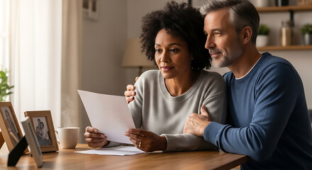 Obraz premium Mature diverse couple reading important financial documents together at home