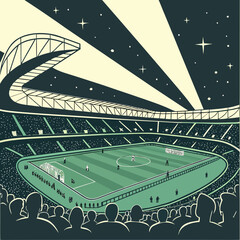 Illustration of a soccer stadium with players on the field and spectators in the stands © Nikil