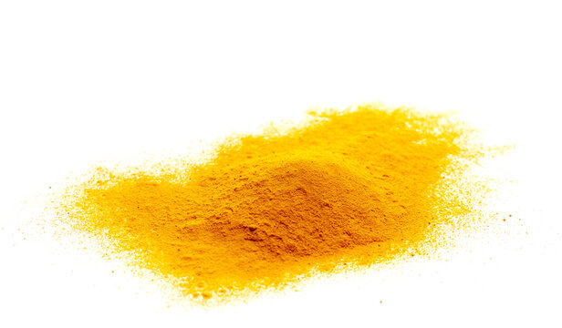 Turmeric scattered powder pile isolated on white, side view, clipping path