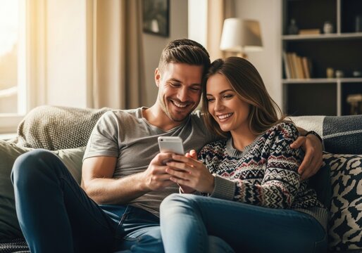 Couple happily looking at smartphone together