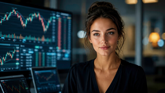 Confident young female crypto trader or financial analyst in modern office at night. Professional woman with stock market charts and trading data on screens. Fintech and investment concept.