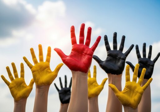 Diverse hands raised in unity against sky