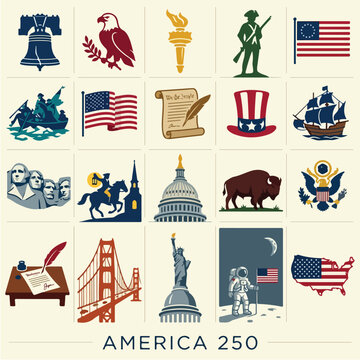 American symbols and landmarks collage with patriotic american flag liberty bell eagle torch soldier