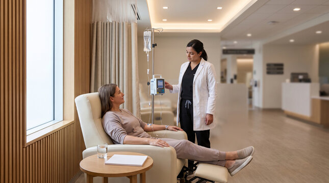 Premium Infusion Bay With Adult Patient During Immunotherapy Care