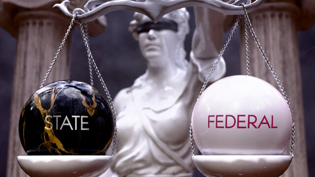 State or Federal as a choice, two options to choose from. Greek statue presenting two alternatives: state or federal, weighing their values. Looking at pros and cons. ,3d illustration