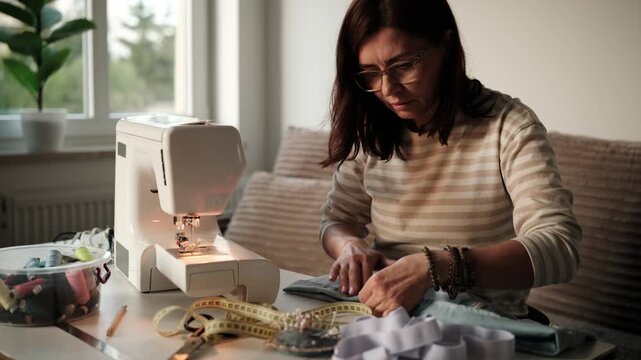 Woman Pinning Edge Of Fabric For Home Sewing