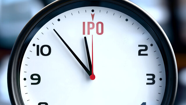 Ipo that is going to happen soon. Incoming ipo, it's expected in the near future. Ipo almost here, in a short time - a clock metaphor showing forecasted ipo. ,3d illustration