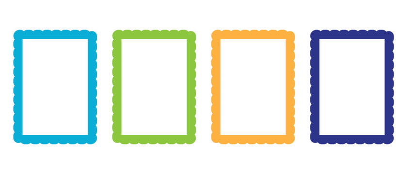 Minimalist colorful scalloped border frame icon set with postage stamp edge rectangles for creative graphic design card template elements