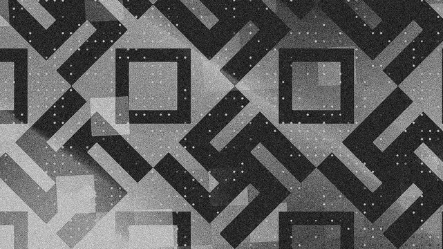 Monochromatic geometric abstract art pattern repeating black shapes white dots noisy texture.