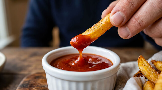 Crispy golden french fry dipping into red tomato ketchup, hand holding potato chip over white ramekin sauce bowl, fast food snack on wooden table