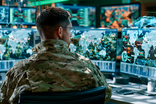 Military cyber security analyst monitoring global threat intelligence. Ideal for cybersecurity and defense concepts.