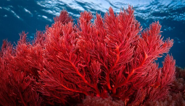 Photorealistic Close Up Of Vibrant Red Marine Algae Specifically Lithothamnion Corallioides Textured Under Clear Ocean Water World Seagrass Day