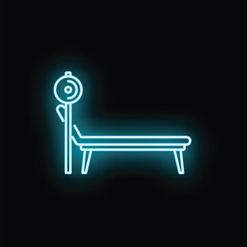 Bench press rack with barbell glowing in neon blue light