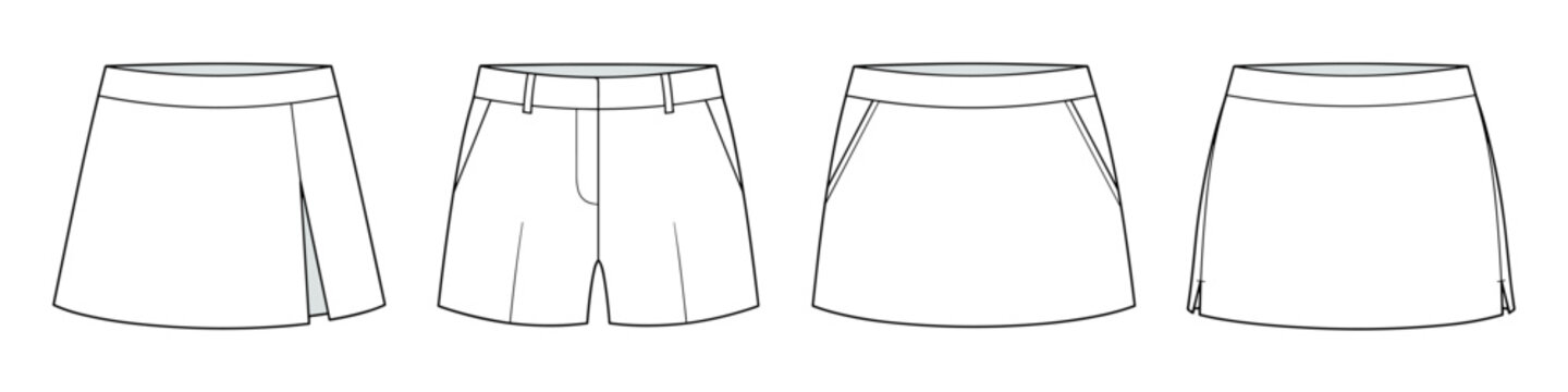 flat sketch set of womens tailored skort and mini skirt shorts vector illustration. CAD mockup.