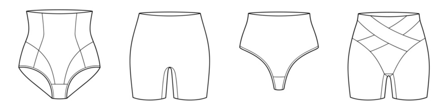 flat sketch set of womens shapewear and high waist briefs vector illustration. CAD mockup.