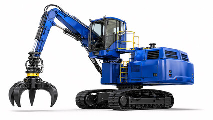 Industrial blue hydraulic material handler excavator with claw grabber isolated on white background © Waginah