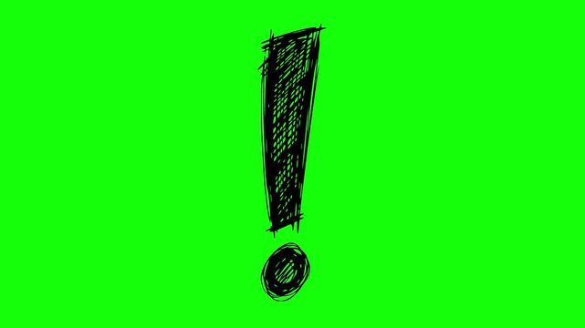 and drawn style animation of an exclamation mark with line boil effect. Black fill symbol isolated on green screen chroma key background for video editing. Useful for alert, attention or warning conce