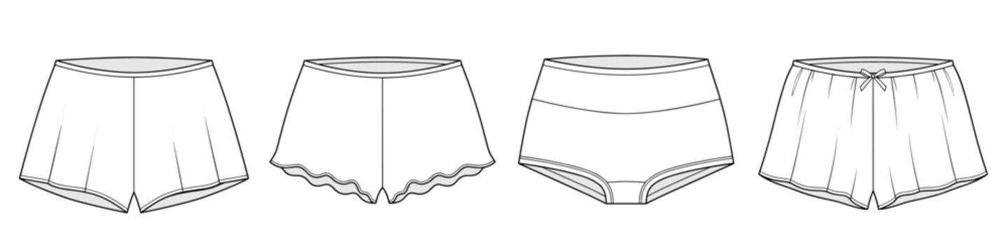 flat sketch set of womens ruffled pajama and lounge sleep shorts vector illustration. CAD mockup.