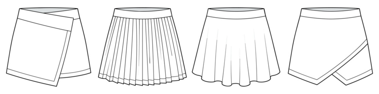 flat sketch set of womens pleated mini skirt and wrap skorts vector illustration. CAD mockup.