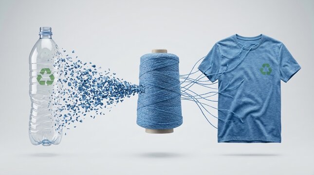 Transformation concept of a plastic PET bottle into a recycled T-shirt

