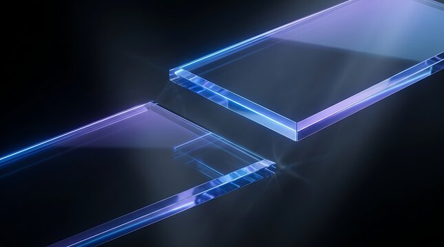 Abstract 3d render of two intersecting glass rectangular prisms with blue light