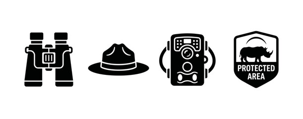 Wildlife conservation icons featuring ranger hat, binoculars, camera, and rhinoceros protected area shield for park security © TIFA