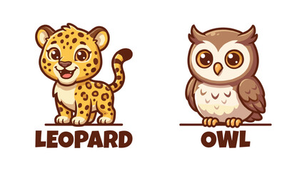 Fototapeta premium Cute Animal Cartoon Collection Featuring A Happy Spotted Leopard Cub And A Wise Brown Owl For Educational Children Designs And Decor