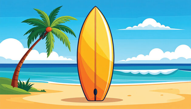 Yellow surfboard on sandy beach shore.