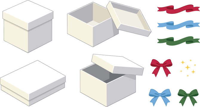 Gift Box Mockup Collection Set with Open and Closed Square Packaging Boxes Decorative Ribbon Bows and Product Presentation Templates
