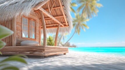 Fototapeta premium Traditional Beach Hut Surrounded by Palm Leaves on a Tropical Shoreline
