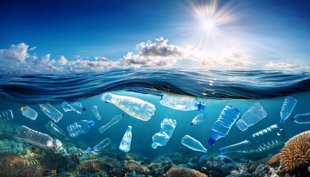 plastic bottles and rubbish pollution in ocean
