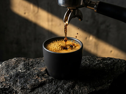 Espresso pouring into a black cup on a rock