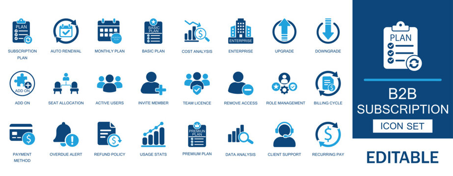 B2B subscription icon set. Featuring enterprise plan, seat allocation, active users, billing cycle, auto renewal, upgrade, payment method, and usage stats symbols.