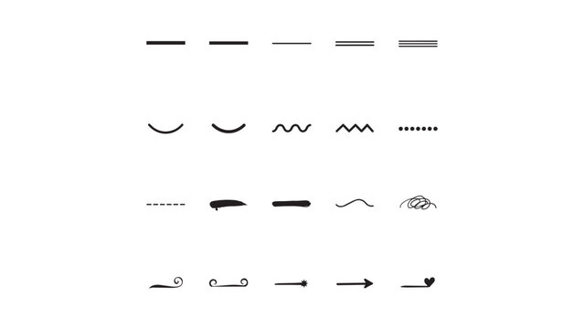 Collection of decorative hand drawn underline strokes and bullet point line art dividers.