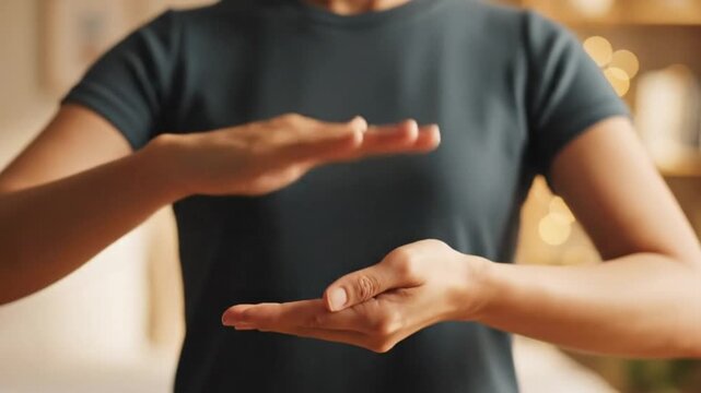 Person demonstrating sign language, showing fingerspelling to learn and communicate nonverbally