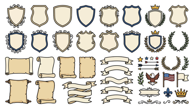 Vintage heraldic shield and scroll banner collection with patriotic elements