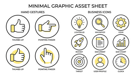 Fototapeta premium Minimal graphic asset sheet with hand gestures and business icons