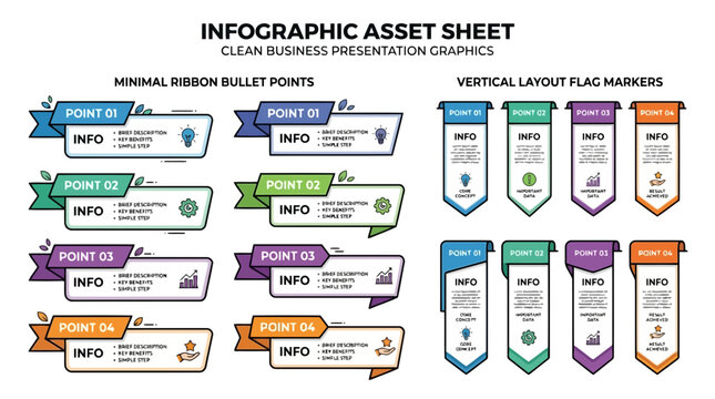 Infographic asset sheet with minimal ribbon bullet points and vertical layout flag markers